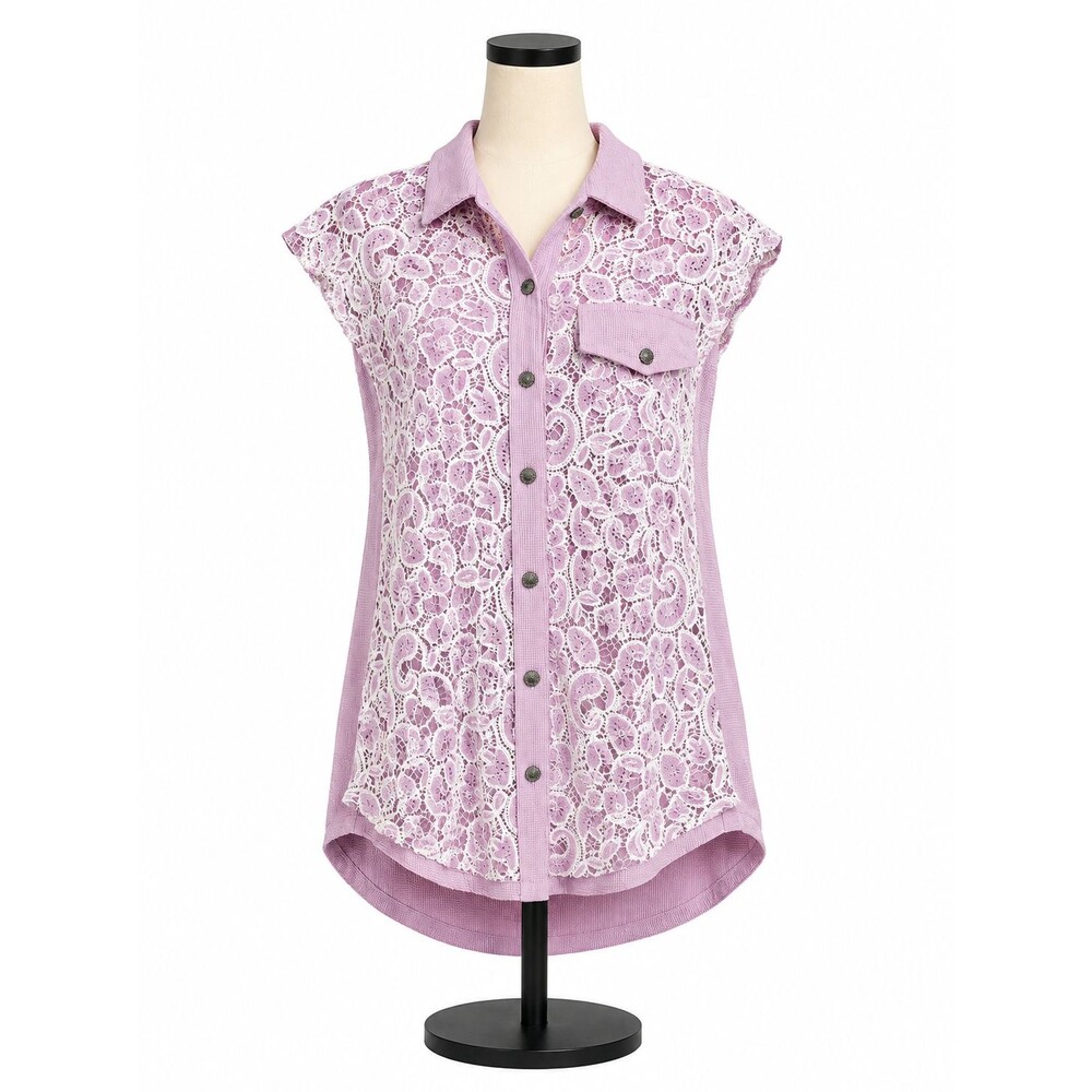 POL Womens Crochet Tunic Top Size Small Long Cap Sleeve Waffle Pink Button
